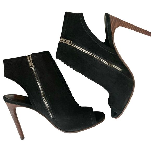 ALL SAINTS Vibrant Open Toe High Heeled Suede Ankle Booties Heels Black - Picture 6 of 10